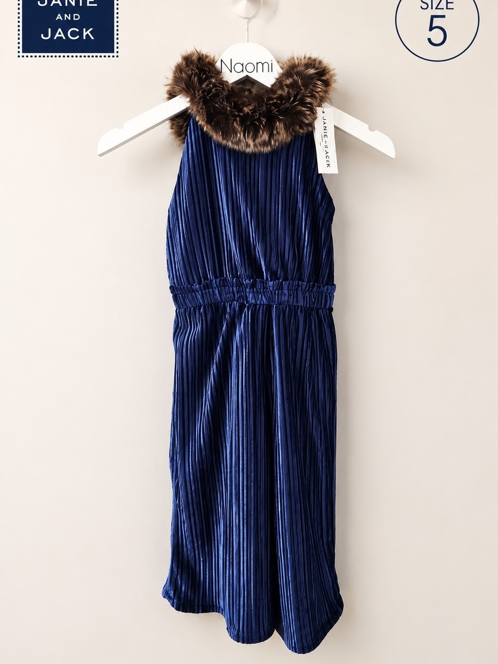 Janie and Jack Navy Blue Velvet Pleated Dress with Faux Fur Collar